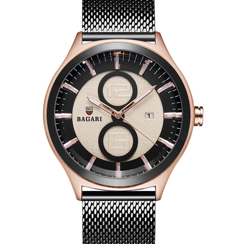 BAGARI 8012W Ultrathin Business Style Men Watch Mesh Steel Band Quartz Watch