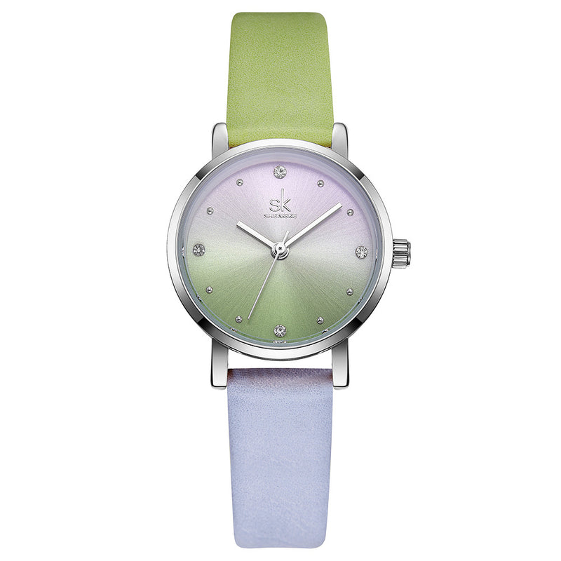 SHENGKE SK K8029 Fashion Color Gradient Leather Strap Luxury Women Crystal Dial Quartz Watch