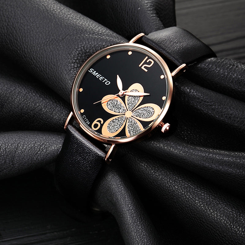SMEETO C1734 Women Quartz Watch Fashion Flower Patten Simple Dial Leather Strap Wristwatch
