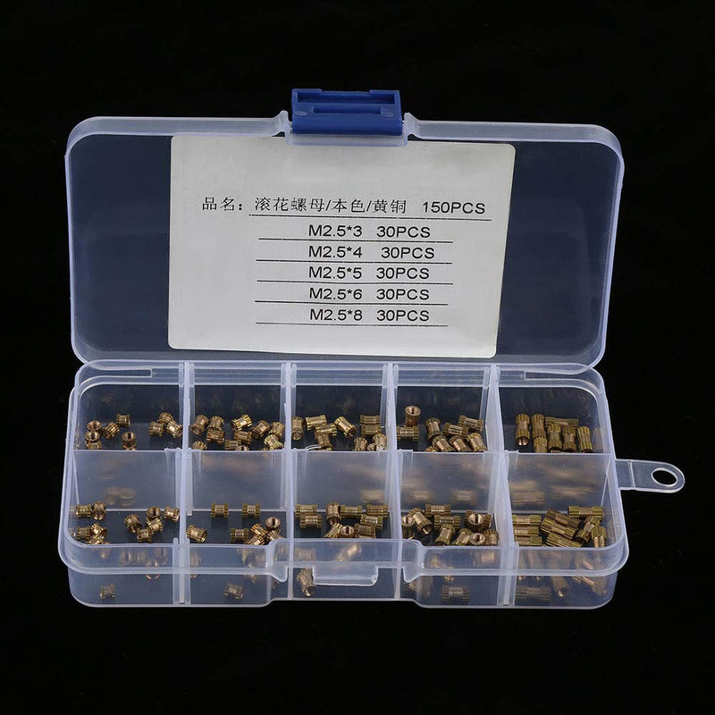 Suleve M2.5BN1 150Pcs M2.5 Brass Cylinder Knurled Nut Round Molded-in Insert Embedded Nuts Assortment Set