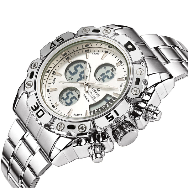 STRYVE S8018 Men Full Steel Waterproof Date Week Chrono Alarm Clock Dual Display Digital Watch