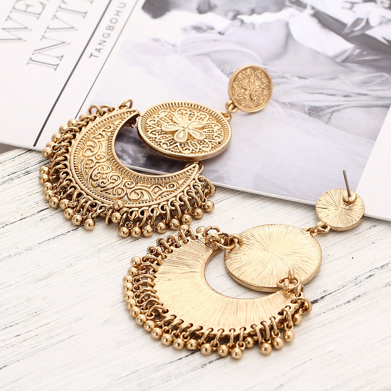 Retro Ethnic Tassel Alloy Flower Moon Drop Dangle Earring Jewelry for Women