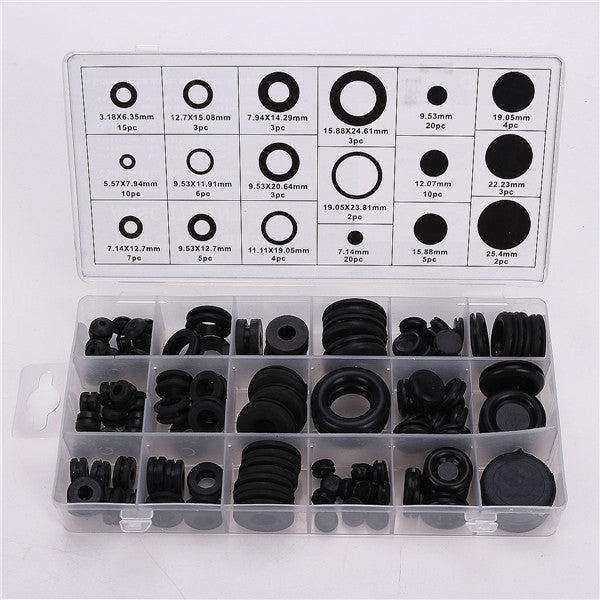 125pcs Wiring Cable Black Rubber Grommets Assortment Kit