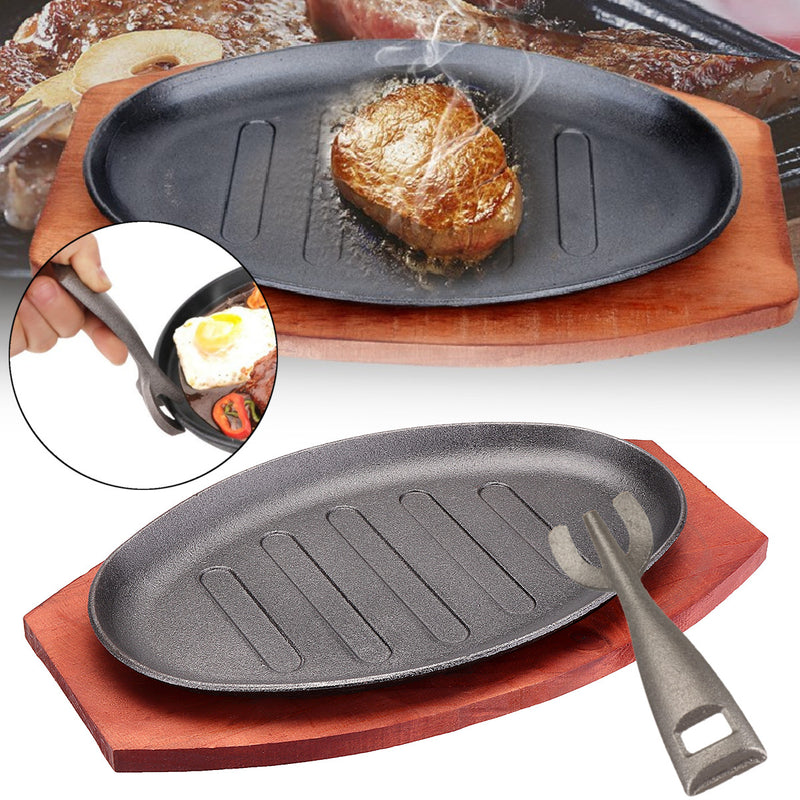 3 Sizes Cast Iron Steak Fajita Sizzling Platter Plate BBQ Grill Pan Cooking Wooden Holder