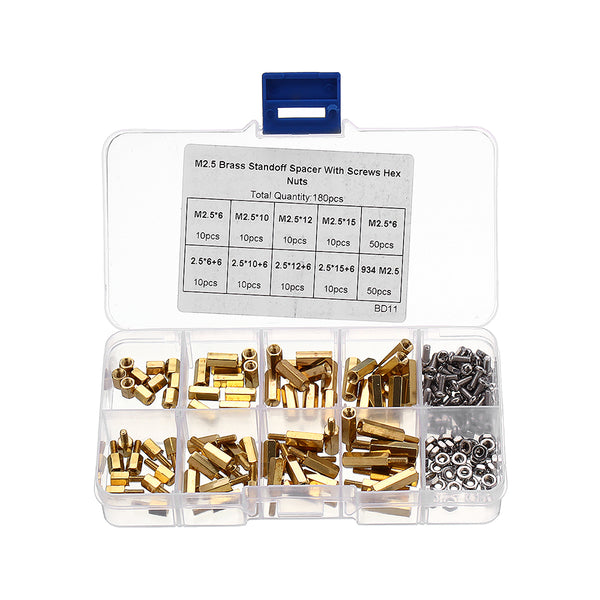 Suleve M2.5BH1 180Pcs M2.5 Brass Male-Female Hex Column Standoff Support Spacer Pillar Cross Screw Nut Assortment for PCB Board
