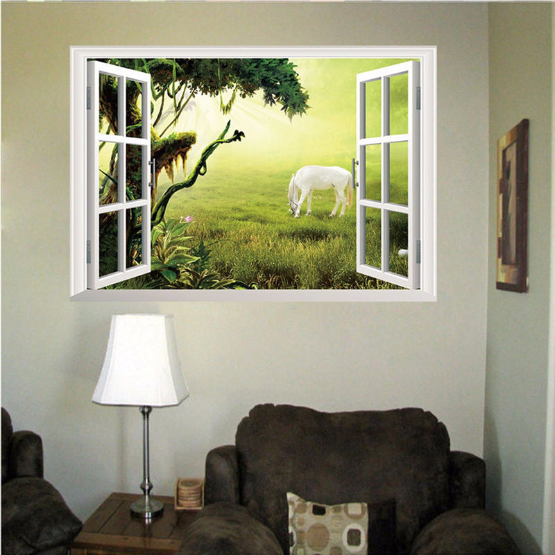 3D Grassland White Horse Scenery False Window PVC Decal Wall Sticker Muarl Home Room Decor