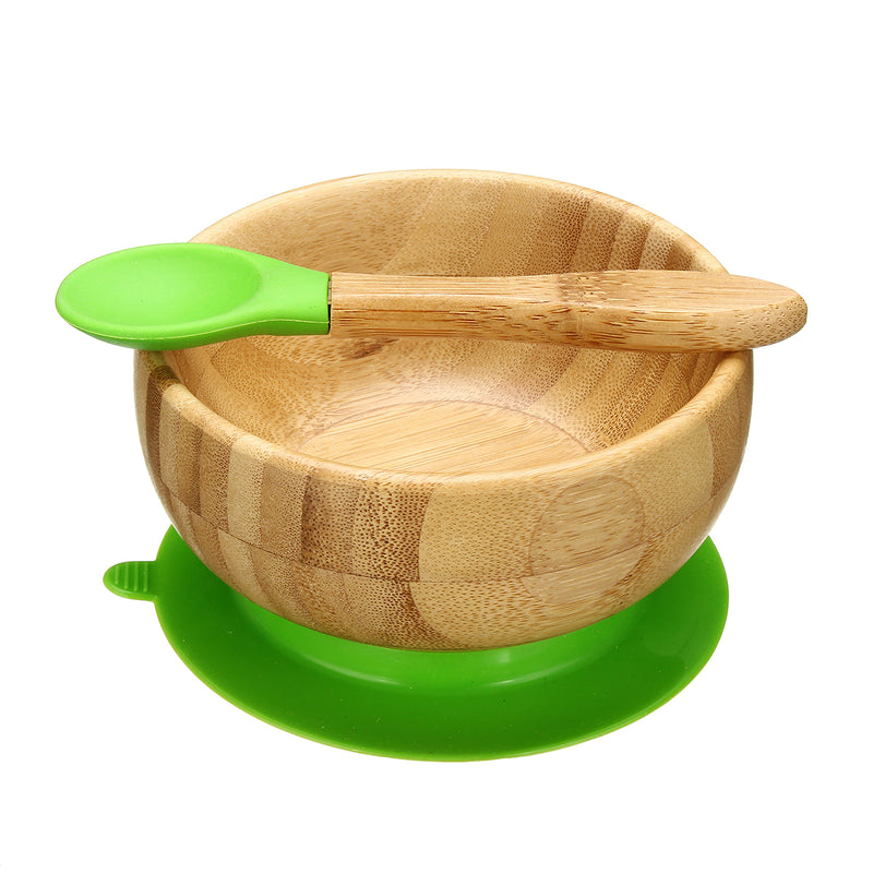 Baby Bamboo Suction Bowl Plate and Matching Spoon Set Kids Put Feeding Bowl
