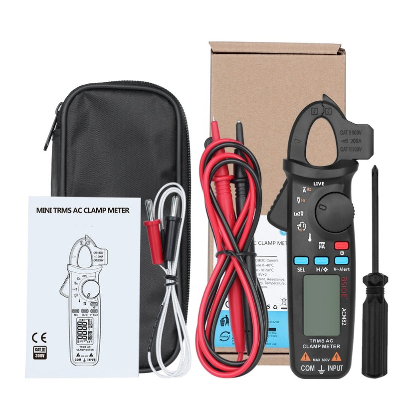 BSIDE ACM82 Mini Digital AC Clamp Meter True RMS Auto Range 0.001A Current Clamp Multimeter Hz Temp Ohm uF V-alert Live Check