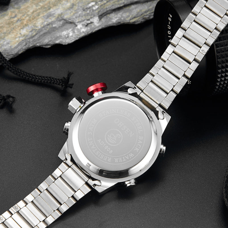 OHSEN AD1608 LED Display Outdoor Digital Watch 3ATM Waterproof Full Steel Quartz Watch