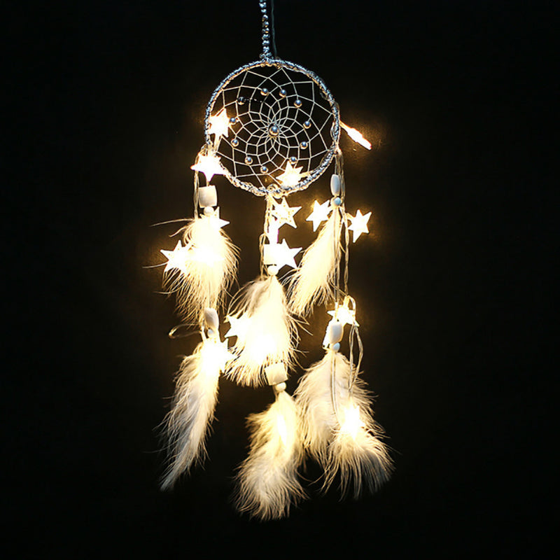 Handmade Dream Catcher Net With Feathers Beads Wall Hanging Decorations Stars String Lights