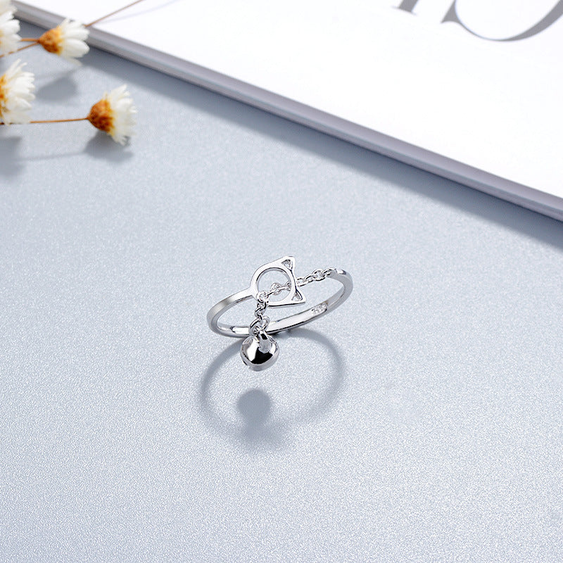 Fashion Platinum Plated Silver Ring Cat Bell Opening Adjustable Finger Rings for Women