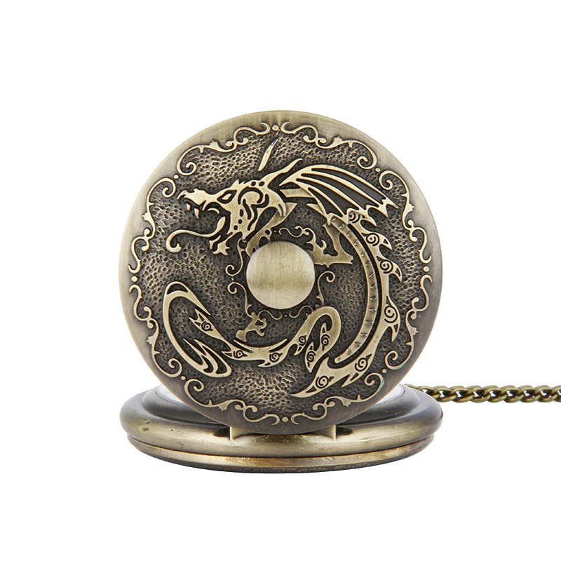 DEFFRUN Retro Bronze Classic Dragon Pattern Chain Quartz Pocket Watch