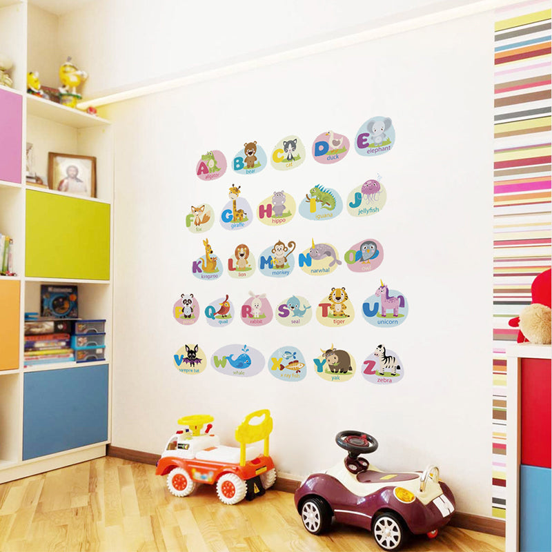 26PCS Classic Animals Alphabet Baby Nursery Peel and Stick Wall Art Sticker Decals Alphabets Animals Wall Removable Wall Sticker