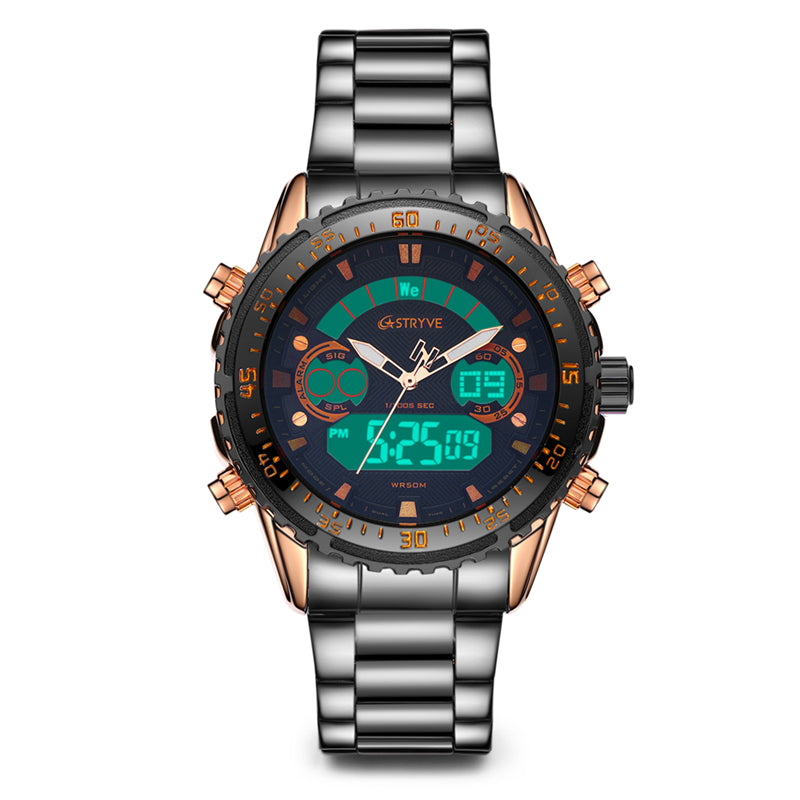 STRYVE S8020 LCD 5ATM Waterproof Week Display Full Steel Fashion Men Dual Display Digital Watch
