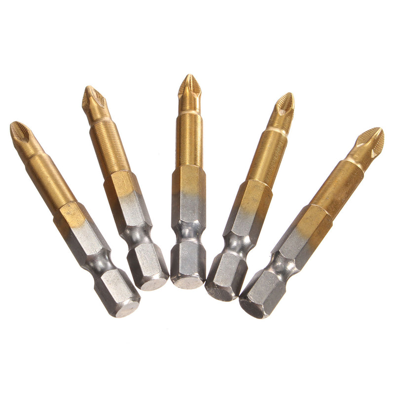 5pcs 50mm Titanium Coated 1/4 Inch Hex Shank PH2 Magnetic Anti Slip Electric Screwdriver Bit Set