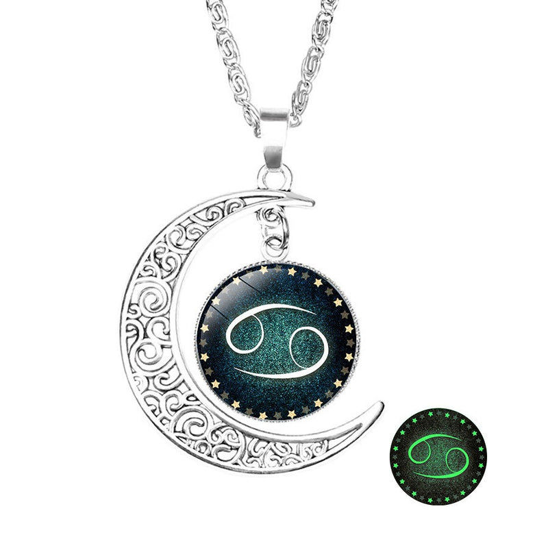 Retro Style Pendant Necklace Luminous 12 Constellation Crescent Necklace Gift For Girl