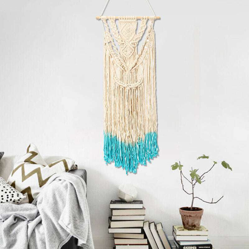 18'' Beige Blue Handmade Macrame Wall Hanging Cotton Tapestry Bohemian Art Decor
