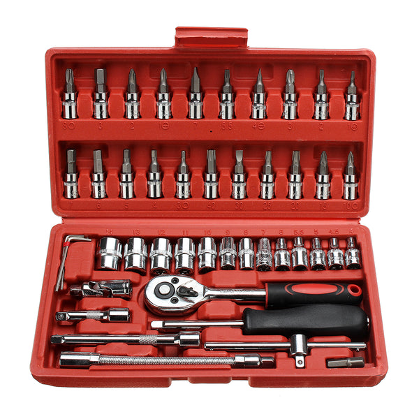 46Pcs Socket Wrench Set 1/4" Drive Ratchet Metric Kit Garage Car Motorcycle Repair Tools