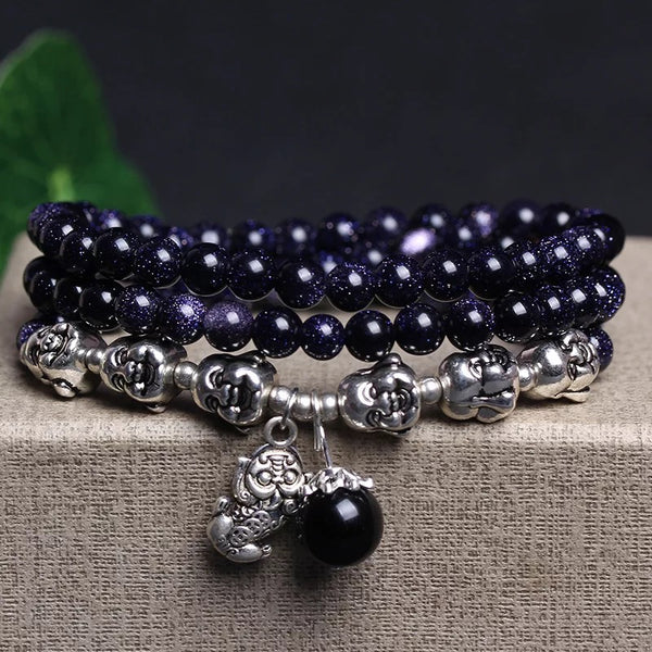 Unisex Vintage Multilayer Beads Crystal Bracelet Ethnic Blue Sandstone Lucky Bracelets