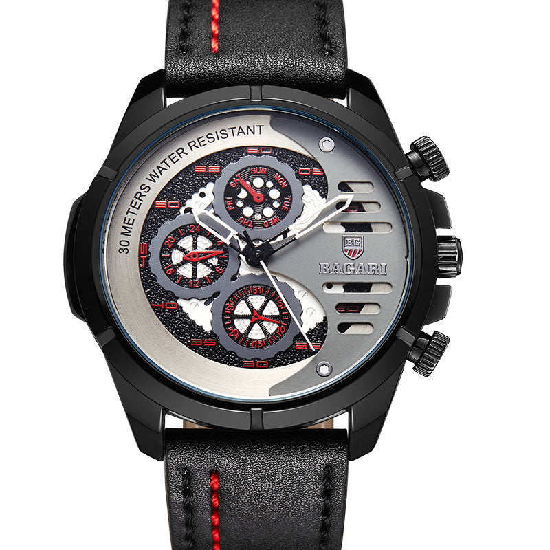 BAGARI 1802P Fashion Men Watch 3ATM Waterproof Week Display Leather Strap Quartz Watch