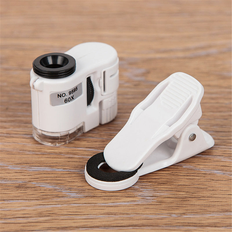 60X Phone Microscope Lens Magnifier Clip With LED Light UV Currency Detector