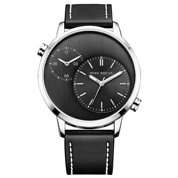 MINI FOCUS MF0035G Two Time Zones Display Men Watch Genuine Leather Strap Quartz Watches