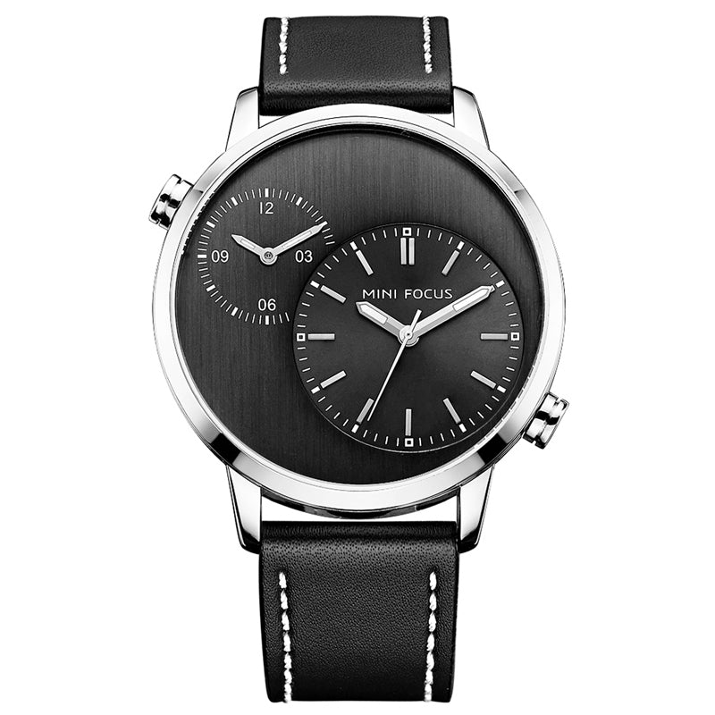 MINI FOCUS MF0035G Two Time Zones Display Men Watch Genuine Leather Strap Quartz Watches