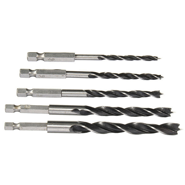 5pcs 4-10mm Hex Shank Wood Working Auger Drill Bit Four Slot Four Blade Bore Hole Twist Drill