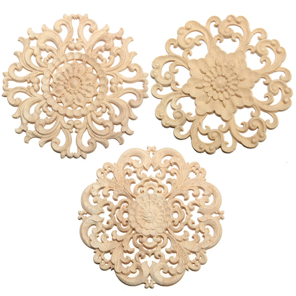 Wood Carved Onlay Applique Unpainted Flower Pattern Furniture Frame Door Decor 15cm