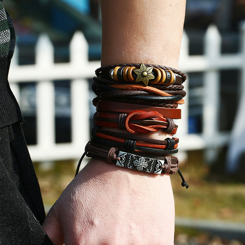 6Pcs Punk Retro Personality Cowhide Diy Woven Multi-layer Bracelet