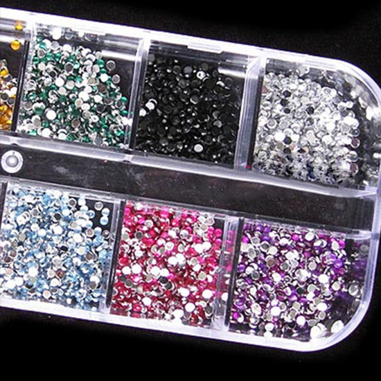 1200x 2mm Mixed Color Diamond Nail Art Tips Acrylic Manicure Nail Stickers + Box