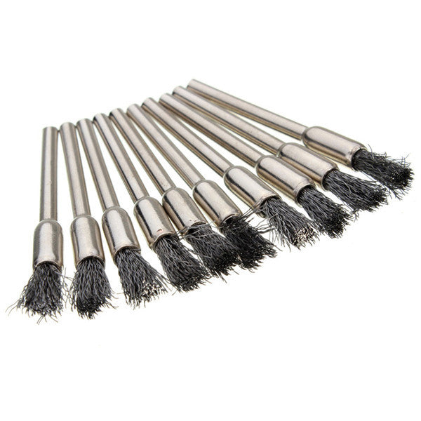 10pcs 3mm Rotary Steel Wire Wheel Brush Cup Tool Shank for Dremel Drill Rust Weld