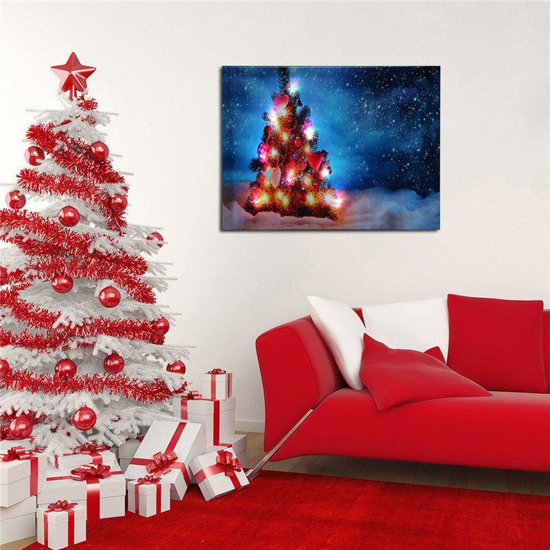 40 x 30cm Operated LED Christmas Snowy Tree Xmas Canvas Print Wall Art