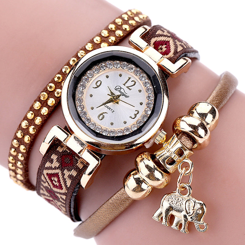 DUOYA XR1889 Fashionable Gold Elephant Ladies Bracelet Watch Leather Strap Quartz Watches