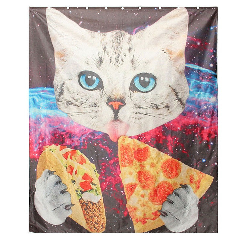 Space Nebula Cat Eating Pizza Home Bathroom Shower Curtain Polyester Hook Set