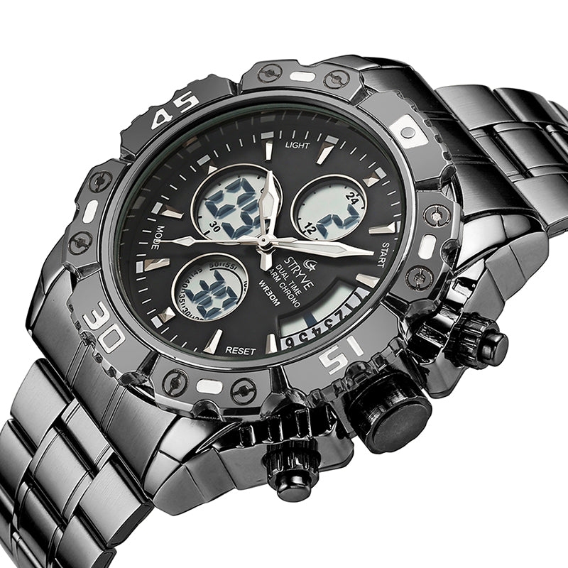 STRYVE S8018 Men Full Steel Waterproof Date Week Chrono Alarm Clock Dual Display Digital Watch
