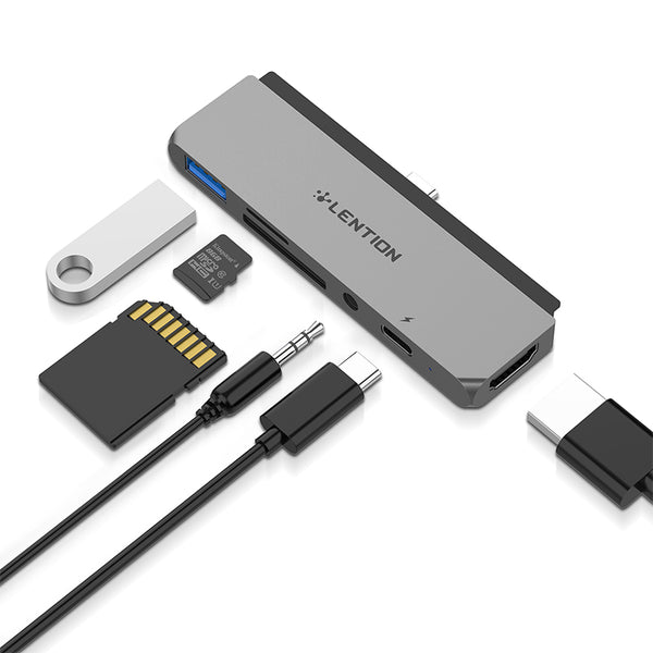 Lention 6-in-1 USB-C Docking Station Hub Adapter With USB 3.0 Port/4K HD Display/Type-C PD Charging/3.5mm Audio Jack/Memory Card Readers For iPad Pro 11 Inch 2018 For iPad Pro 12.9 Inch 2018