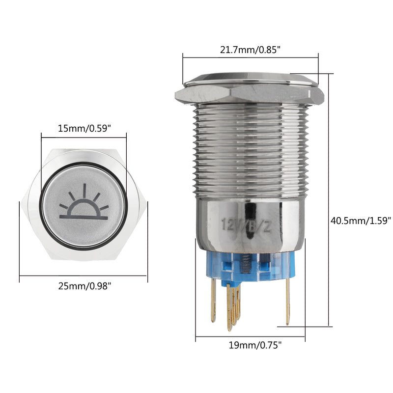 19mm 12V LED Push Button On Off Dome Light Panel Switch