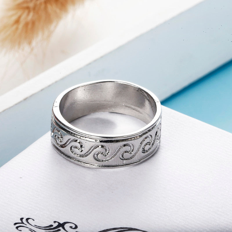 Vinatge Finger Ring Antique Silver Simple Engraved Pattern Wave Rings Ethnic Jewelry for Women Men