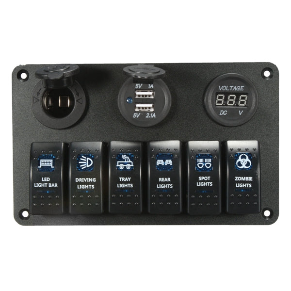 6 Gang LED Rocker Switch USB Charger Socket Volt Meter Panel For Car Marine Boat