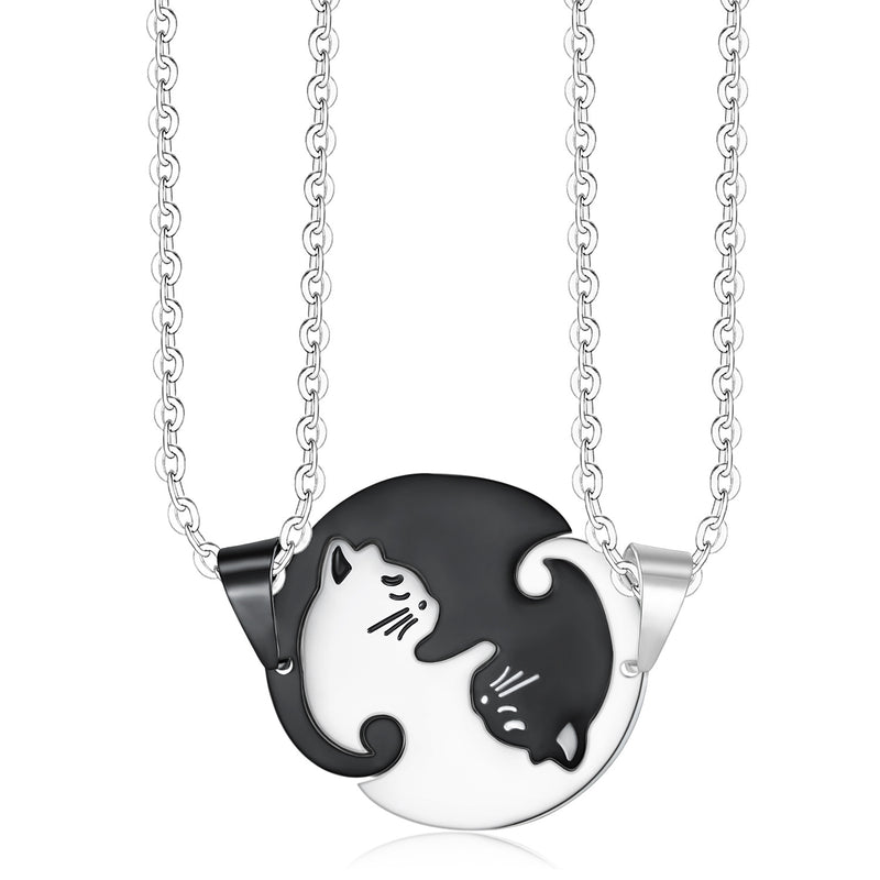 Trendy Geometric Animal Stainless Steel Necklace Cute Sweet Cat Pendant Puzzle Couple Necklace