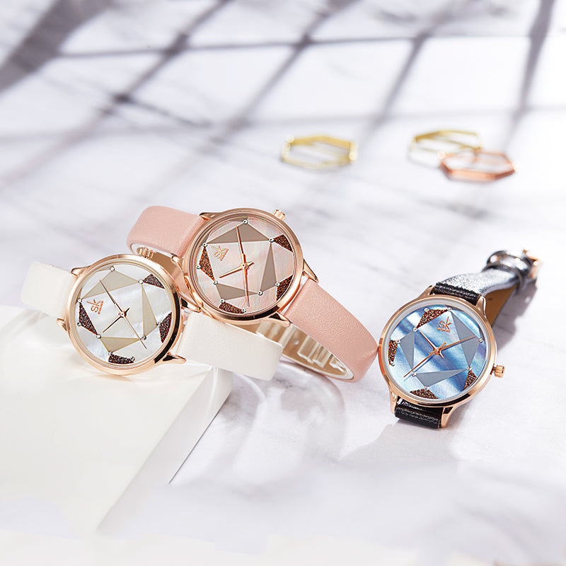 SHENGKE SK K0117 Simple Geometric Triangle Crystal Dial Female Fashion Leather Strap Women Quartz Watch