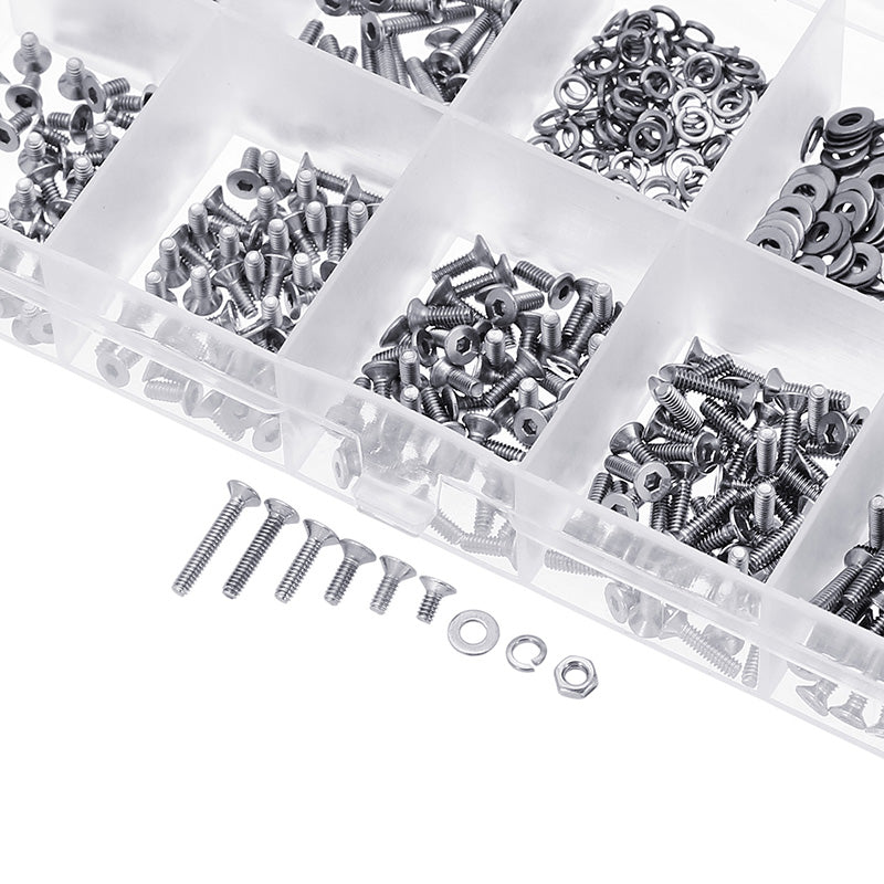 Suleve M2SSH1 600Pcs M2 304 Stainless Steel Hex Socket CapButtonFlat Head Screw Washer Nut Kit