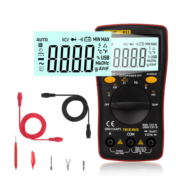 ANENG M11 Auto Digital Multimeter Backlight 6000 Counts AC/DC Transform Ohm Ammeter Resistance Battery Capacitance Temperature Test with Lead Set