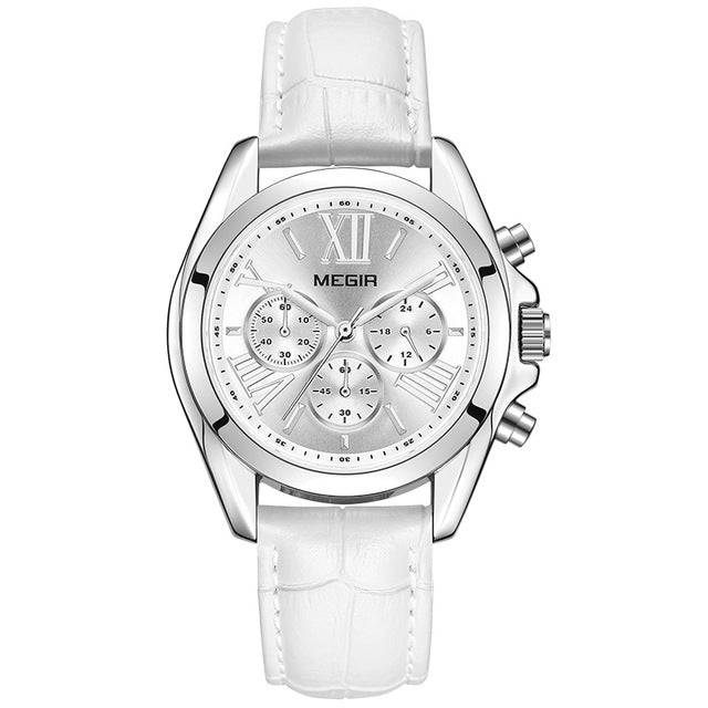 MEGIR 2114 Chronograph Genuine Leather Luxury Retro Women Watch Wristwatch Quartz Watch