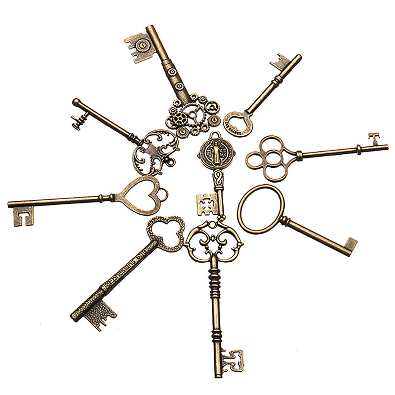9pcs Big Large Antique Vtgold Brass Skeleton Keys Lot Cabinet Barrel Lock Keyfobs