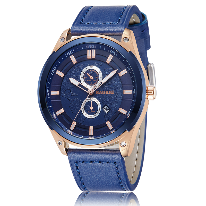 BAGARI 8009P Fashion Leather Strap Men Date Display Quartz Watch
