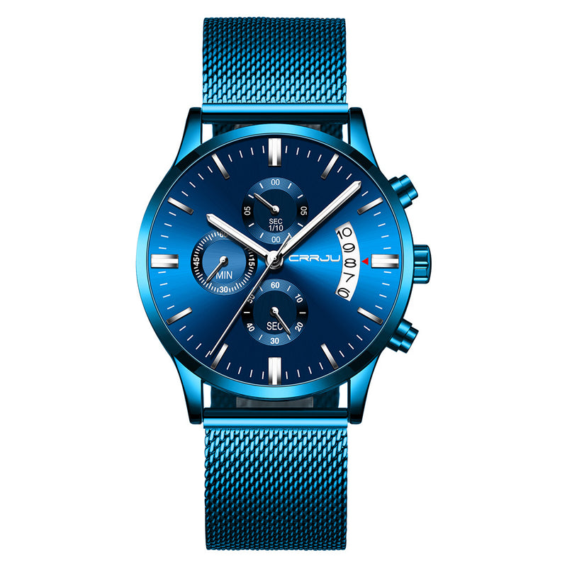 CRRJU 2273 Men Fashion Blue Dial Full Mesh Steel Strap Sport Clock Waterproof Quartz Watch