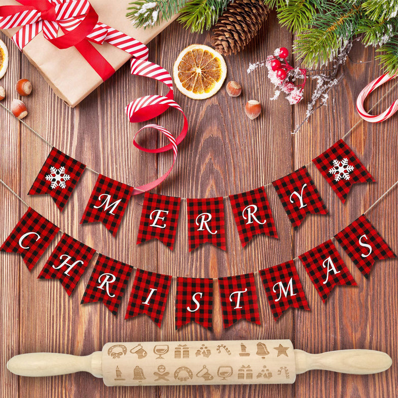 Loskii JM01687 Wooden Christmas Embossed Rolling Pin Dough Stick Baking Pastry Tool New Year Christmas Decoration