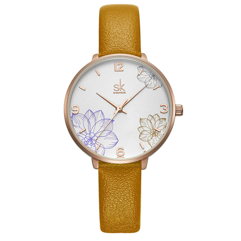 SHENGKE SK K9014 Flowers Pattern Elegant Dial Fashion Women Leather Strap Quartz Watch